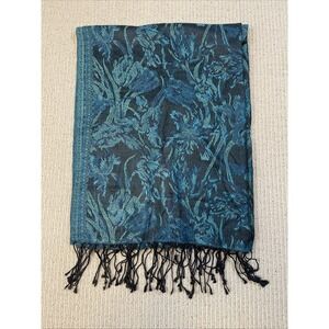 Asian Eye 100% Silk Scarf Wrap Teal Floral Tapestry Design Tassel Fringe 27x78